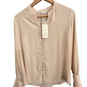 Alex & Lili Blouse Womens Size M Blush Beige Satin V-Neck Long Sleeve